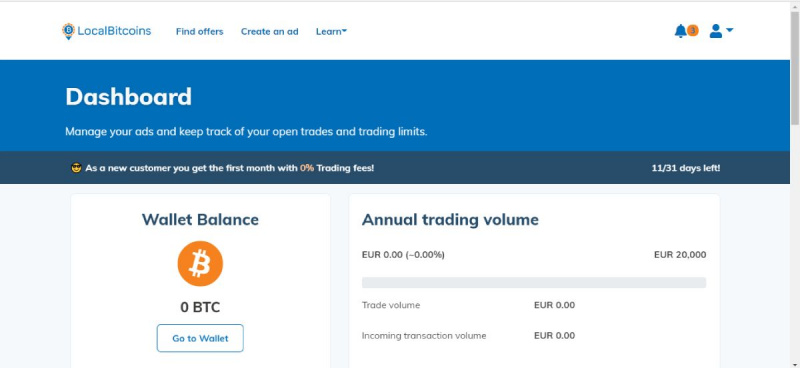   screenshot della dashboard utente di localbitcoins