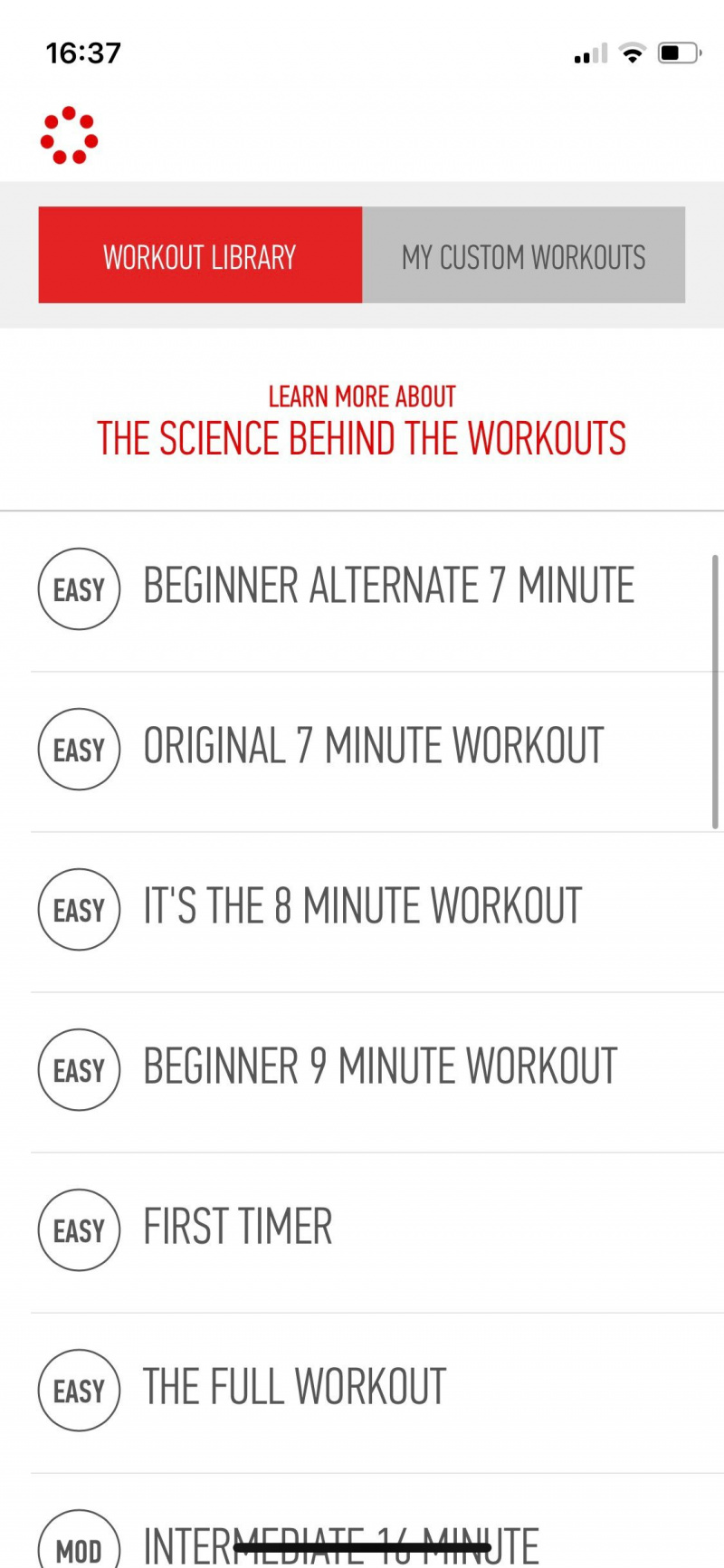   Captura de tela do aplicativo J&J de 7 minutos mostrando programas de treino
