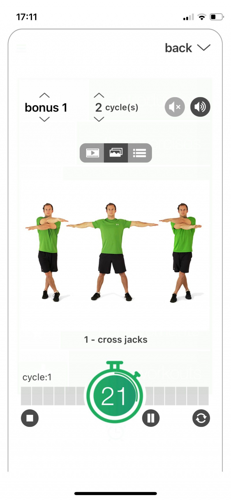   Captura de pantalla del desafío de la aplicación de 7 minutos que muestra la pantalla de entrenamiento