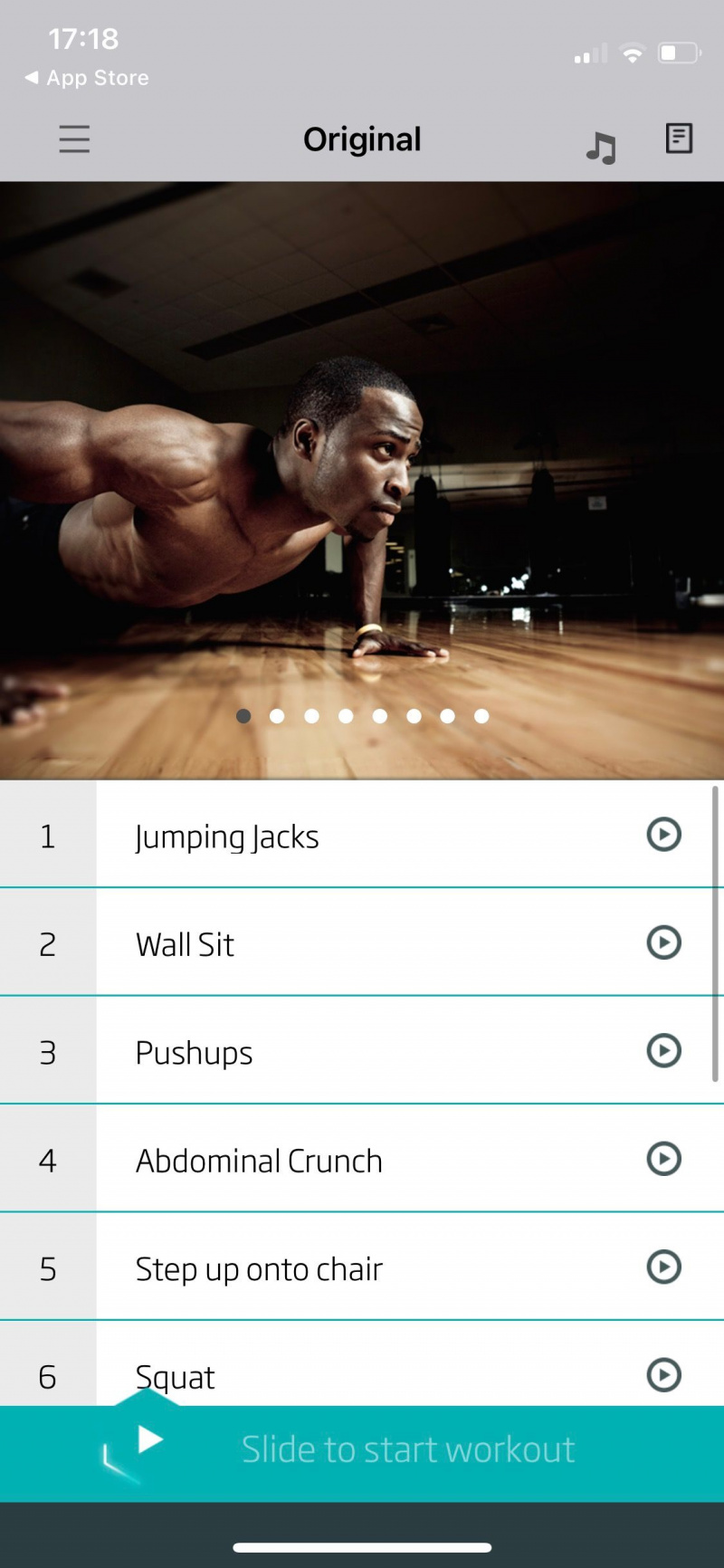   Snimka zaslona 7-minutnog vježbanja od strane C25K prikazuje izvorni program vježbanja