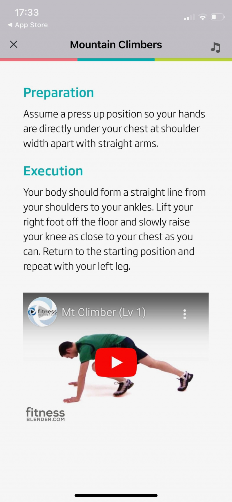   Екранна снимка на 7-минутна тренировка от C25K, показваща екран с инструкции за упражнения