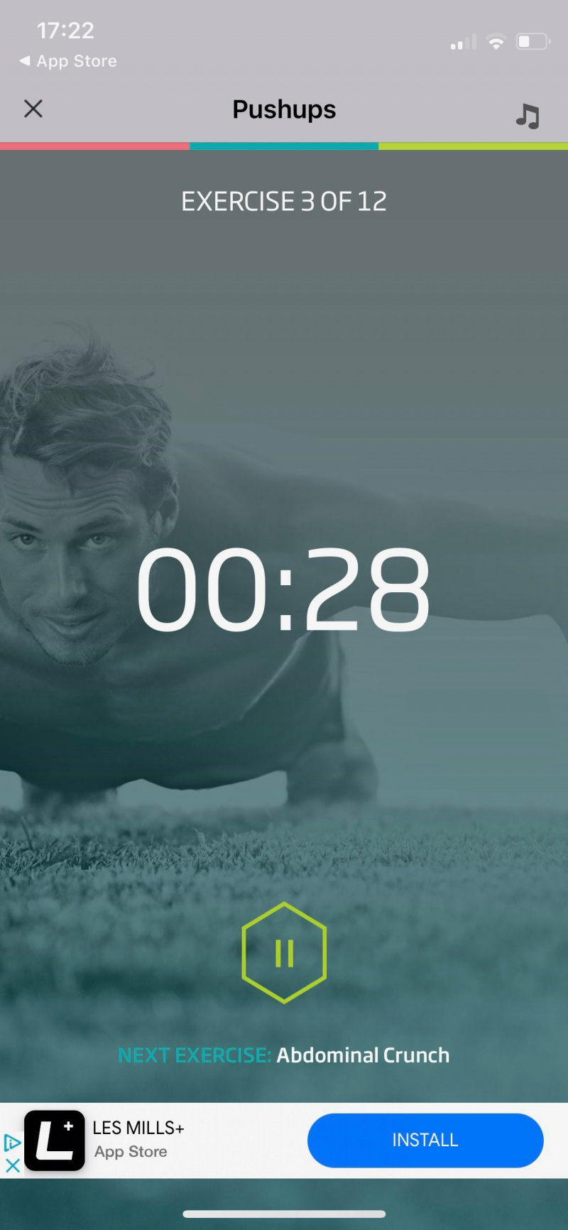   Snimka zaslona 7-minutnog vježbanja od strane C25K prikazuje zaslon vježbanja