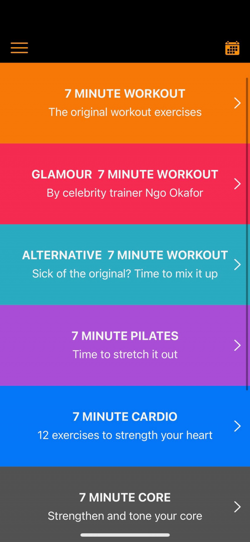   Snímka obrazovky aplikácie 7 Minute Workout zobrazujúca typy tréningov