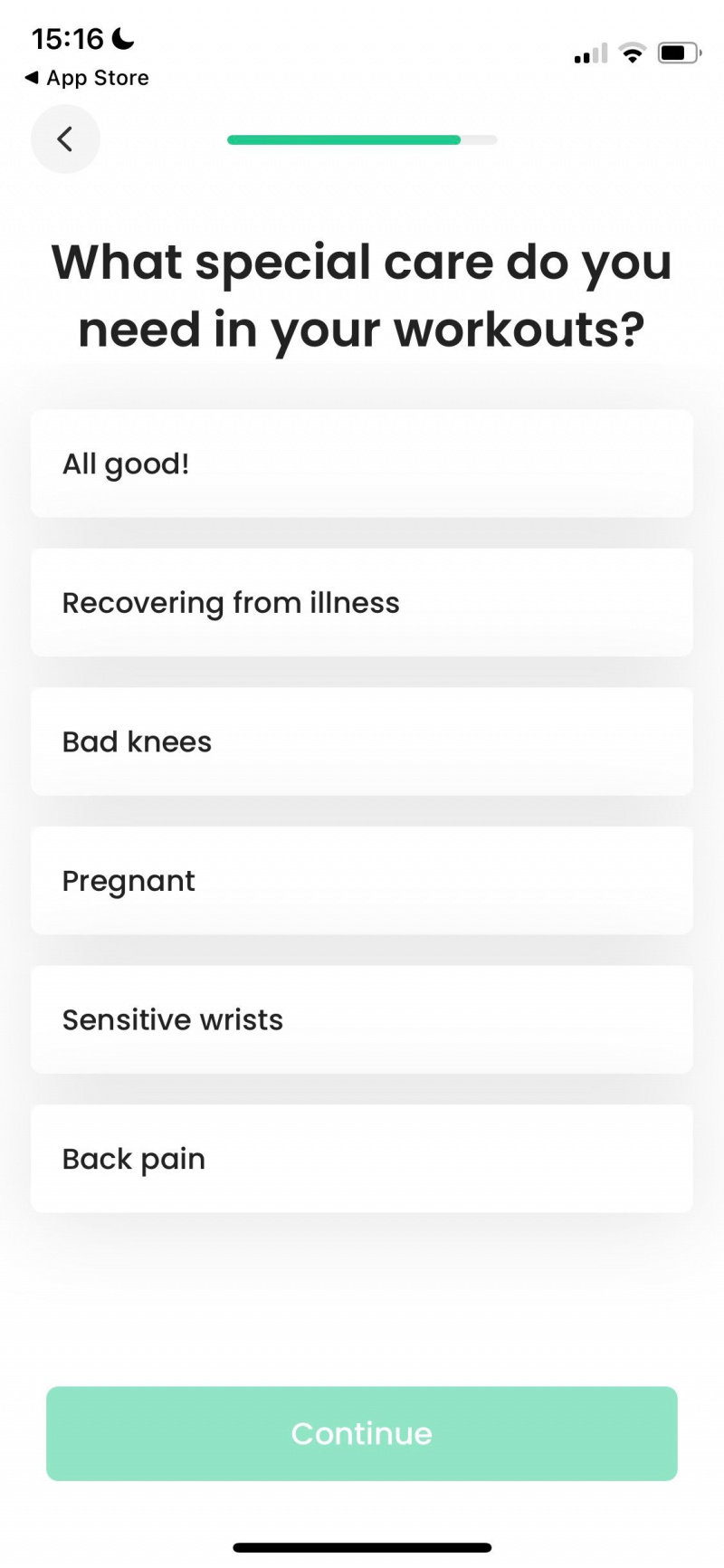   Екранна снимка на приложението 7M Workout, показваща въпроси за специални грижи преди тренировка