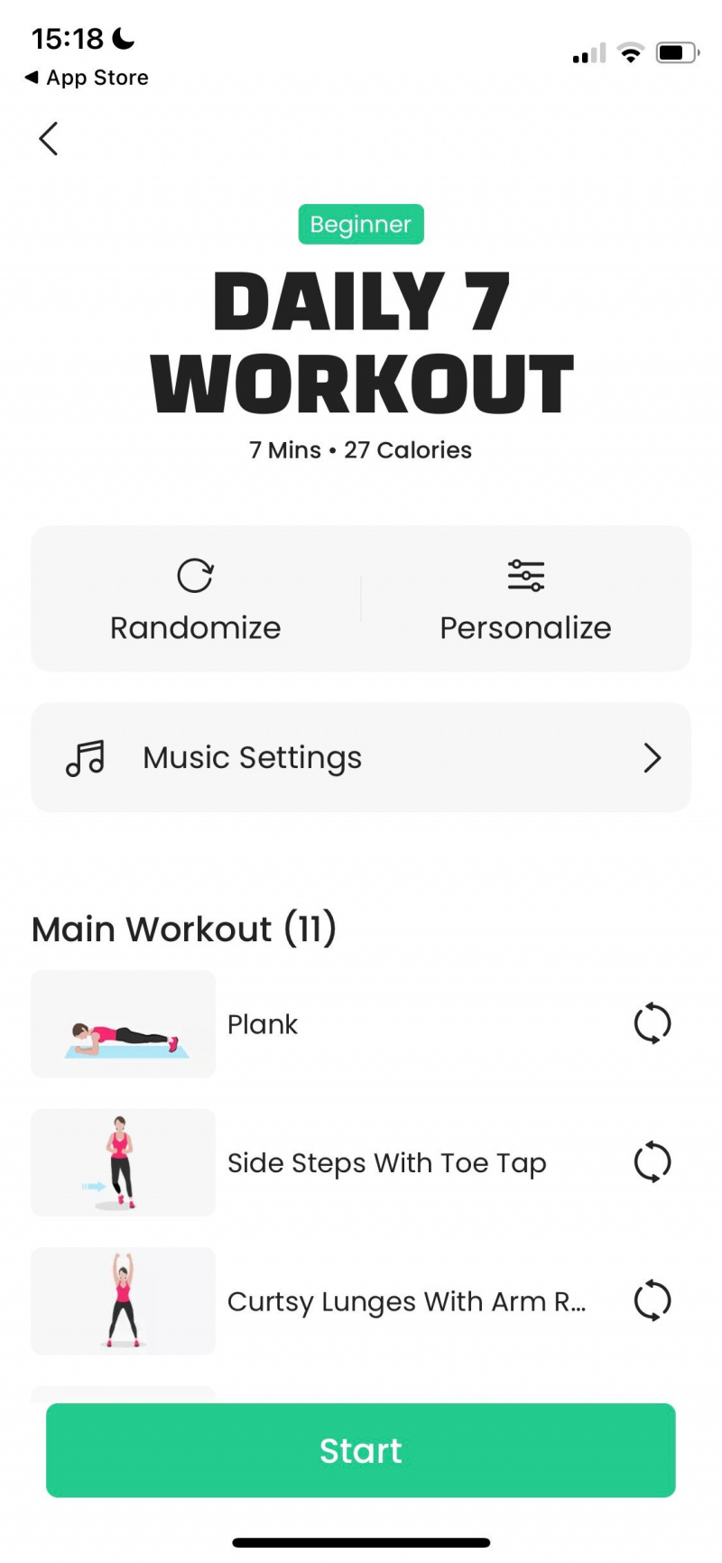   Captura de pantalla de la aplicación 7M Workout que muestra un programa de entrenamiento diario