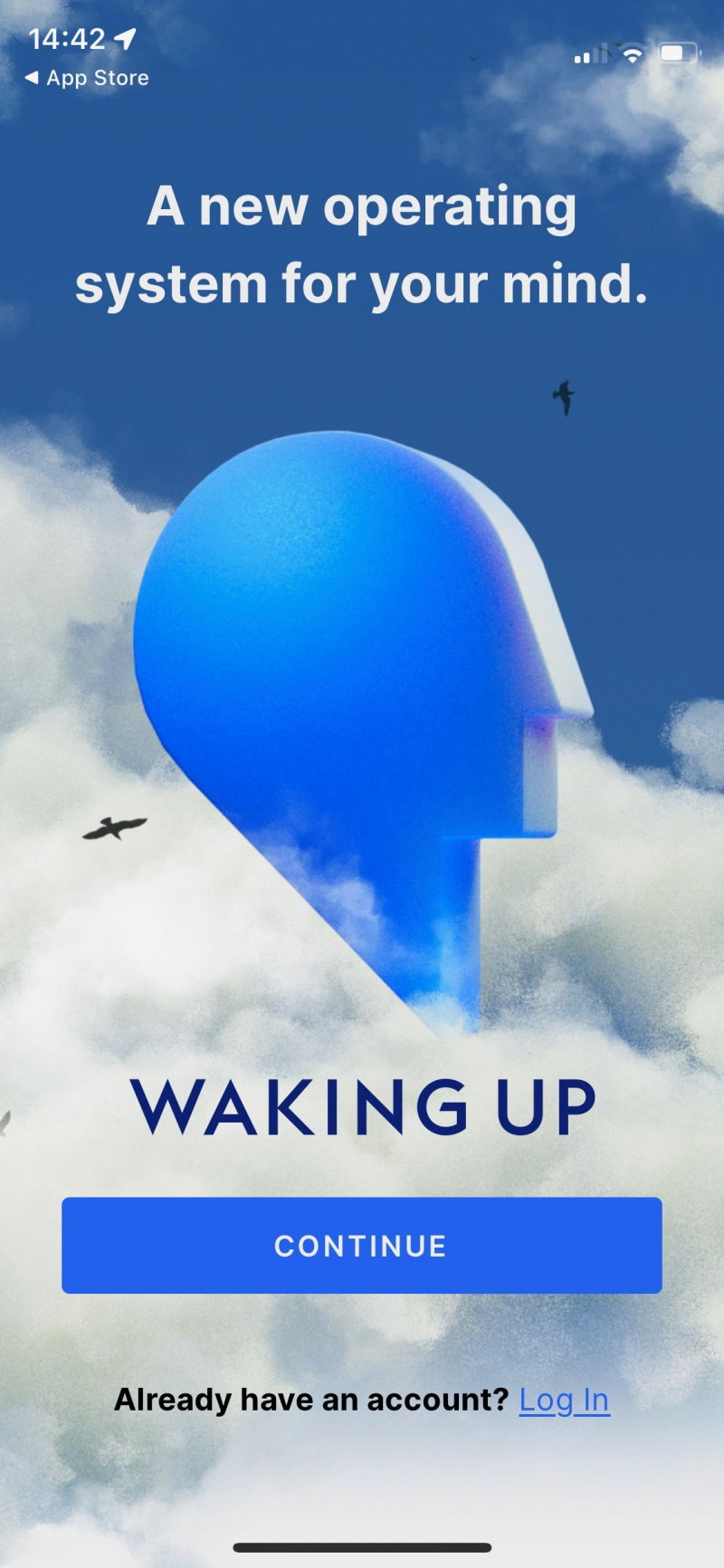   Captură de ecran a aplicației Waking Up care arată ecranul introductiv