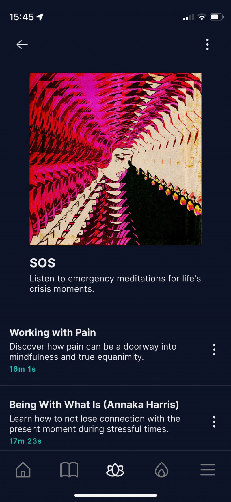   Programėlės „Waking Up“ ekrano kopija, kurioje rodoma SOS meditacijų dalis