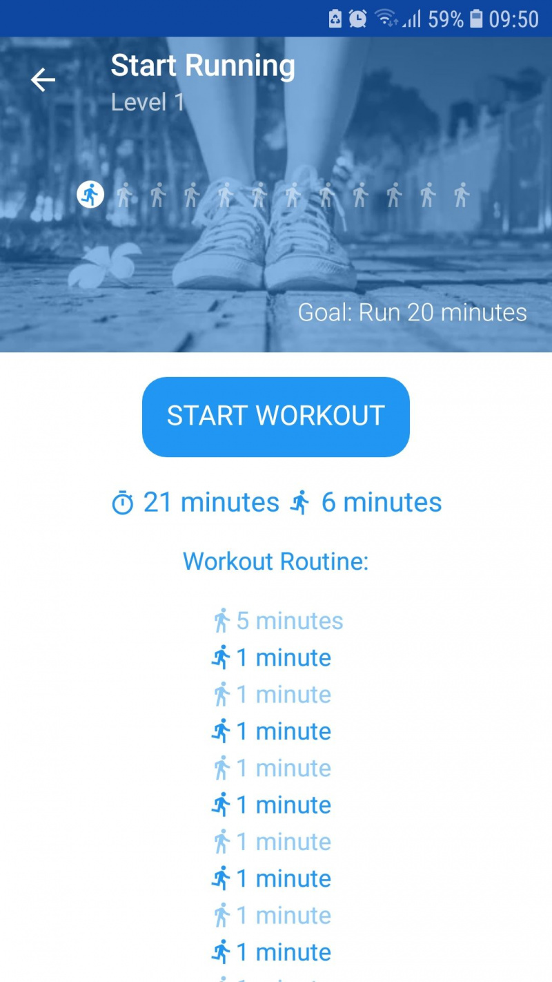   Empezar a correr para principiantes aplicación de fitness móvil nivel 1