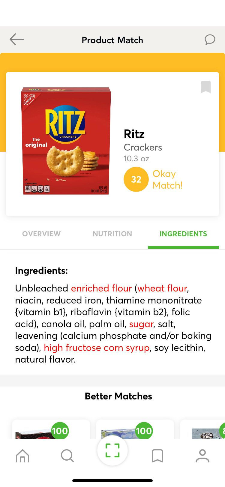   ShopWell التطبيق Ritz Crackers المكونات