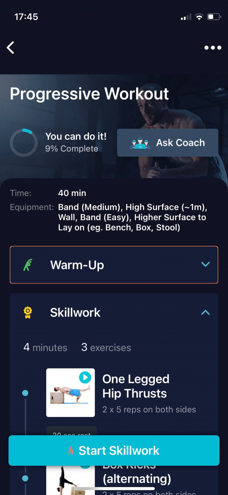   „Movement Athlete“ ekrano kopija, kurioje rodoma progresyvi treniruočių programa