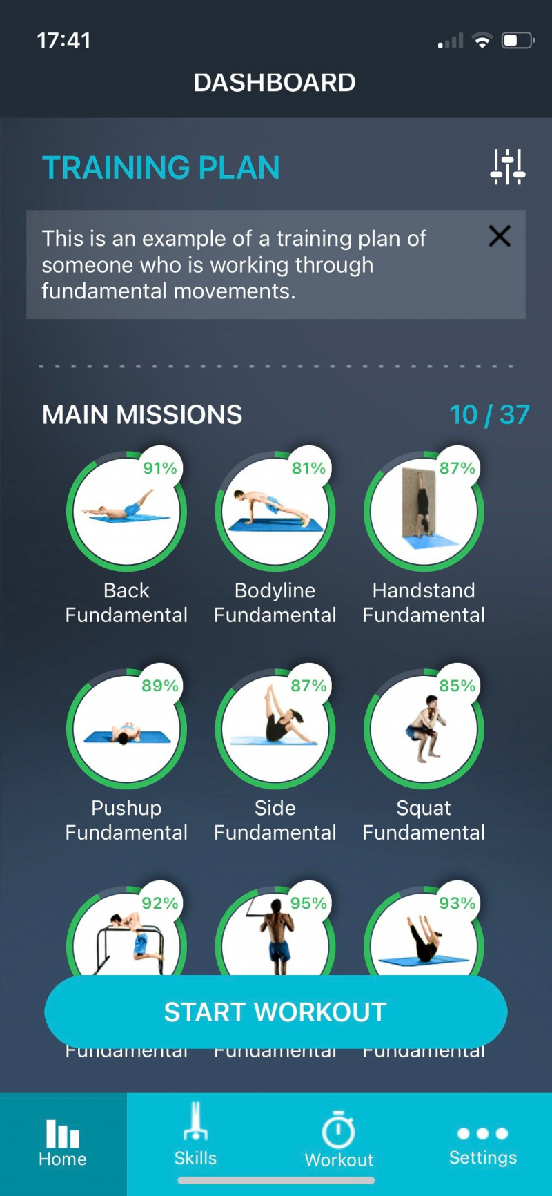   Skärmdump av rörelseatlet som visar träningsplan