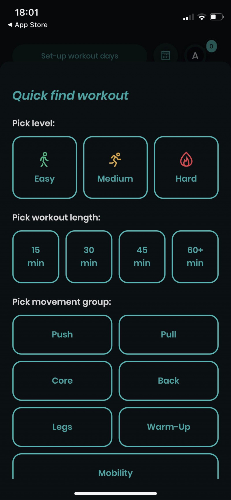   Screenshot dell'app Caliverse che mostra l'allenamento di ricerca rapida