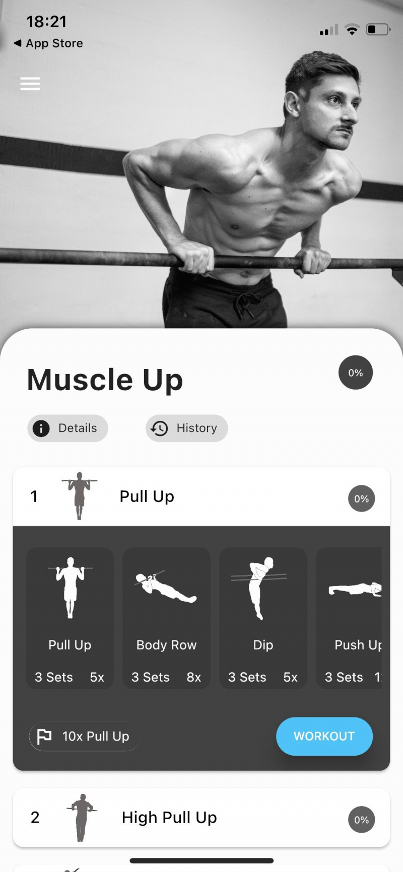   Skärmdump av Thenics-appen som visar muskeluppträning