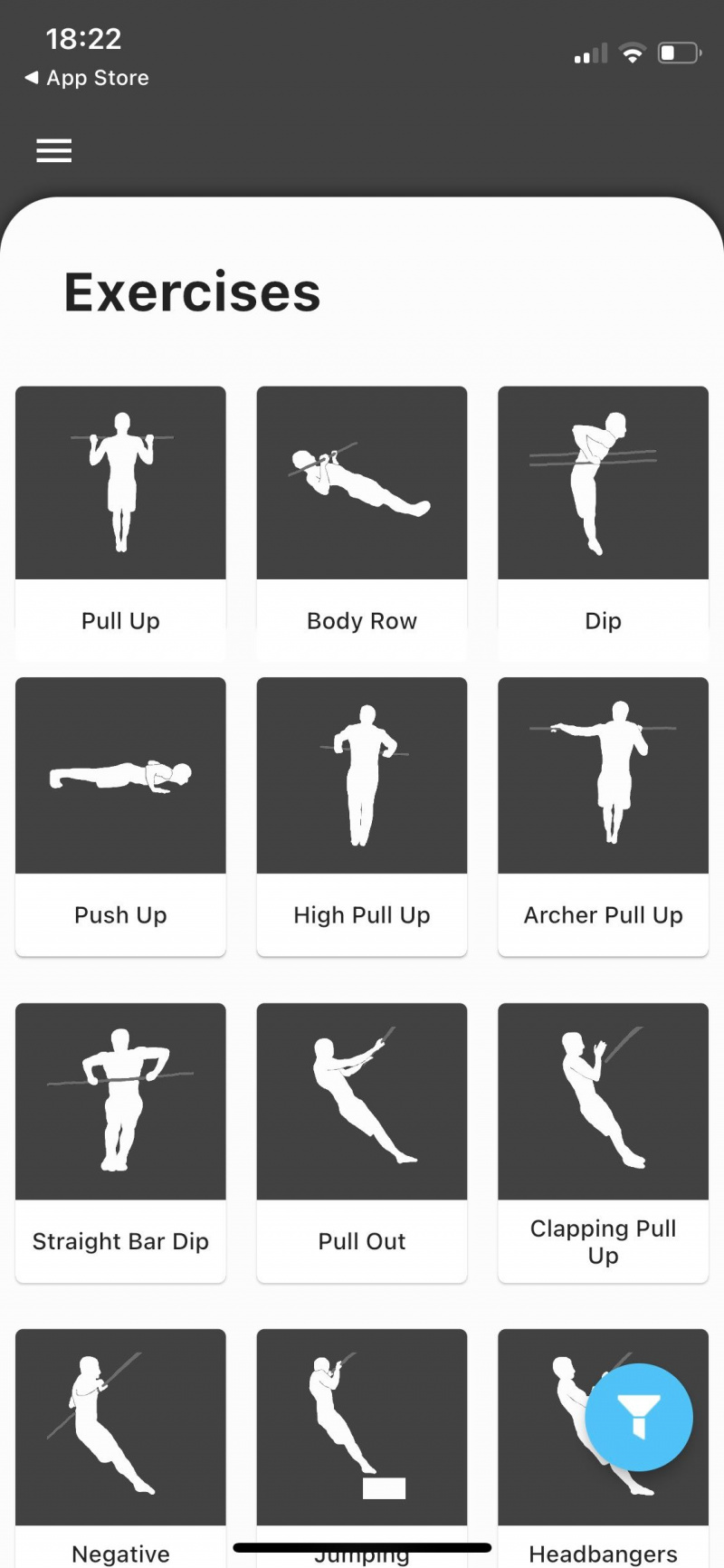   Екранна снимка на приложението Thenics, показваща наличните упражнения
