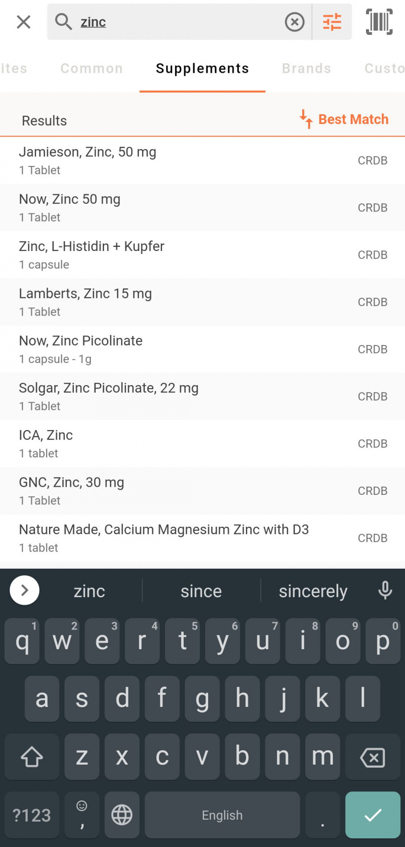   Suplimente de zinc pe aplicația Cronometer