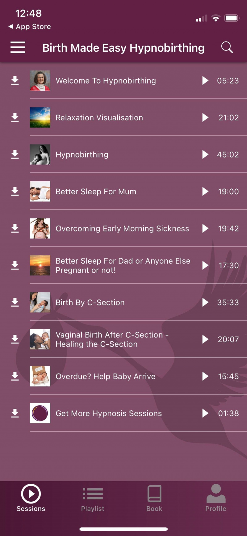   Captura de tela do aplicativo Hypnobirthing mostrando categorias de meditação