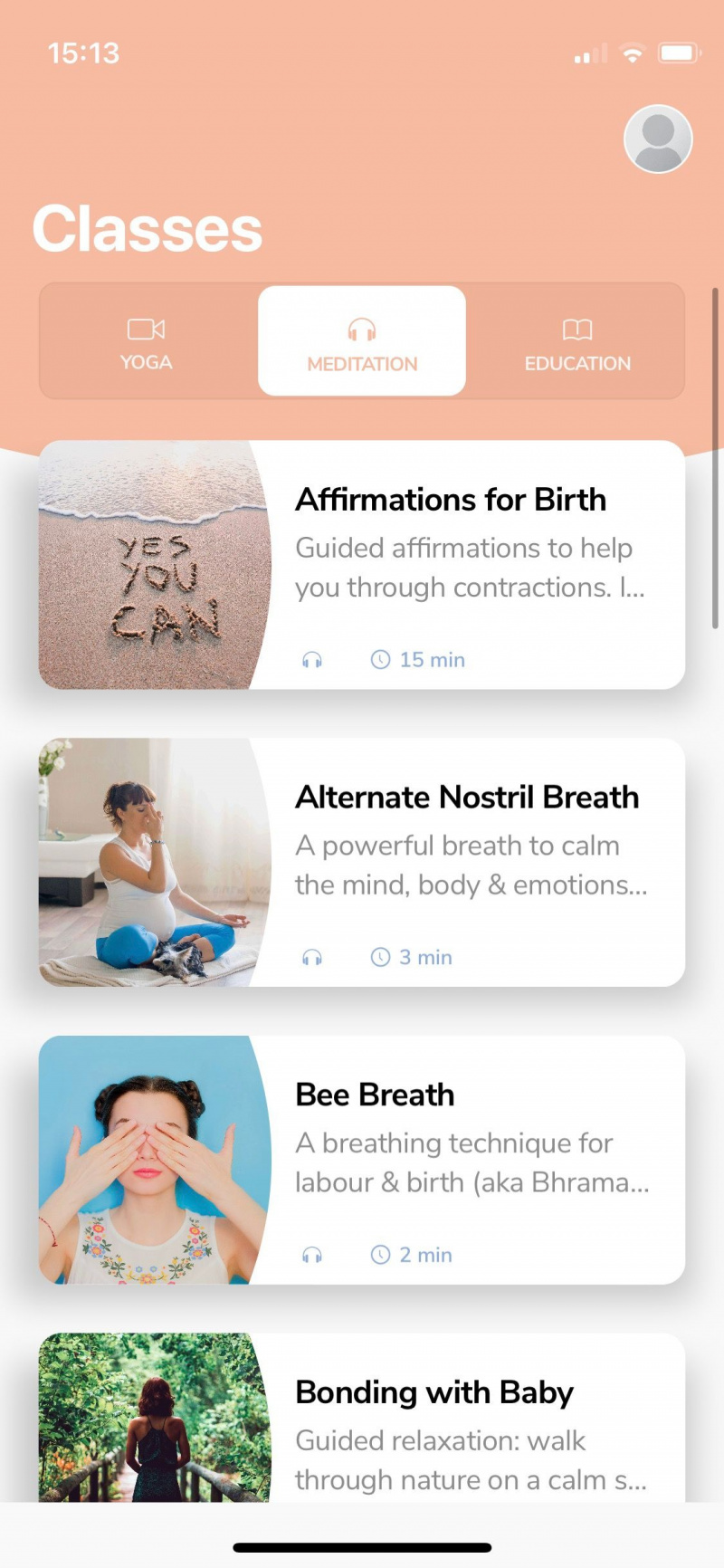  Captura de tela do aplicativo Yogibirth mostrando sessões de meditação