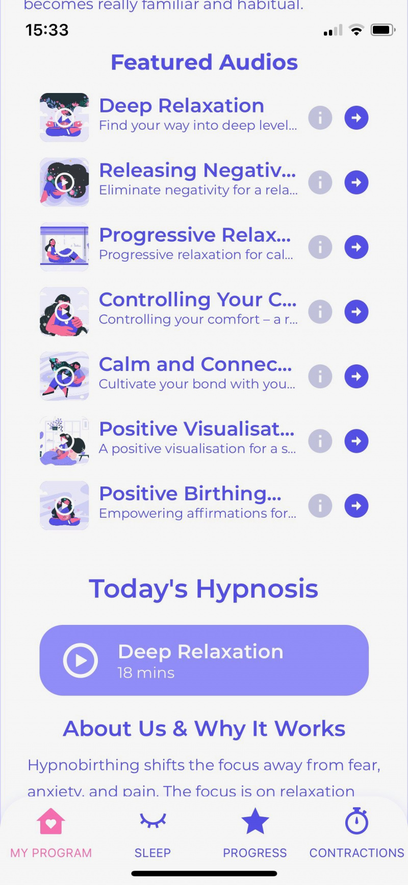   Captura de tela do aplicativo Blessed mostrando categorias de meditação