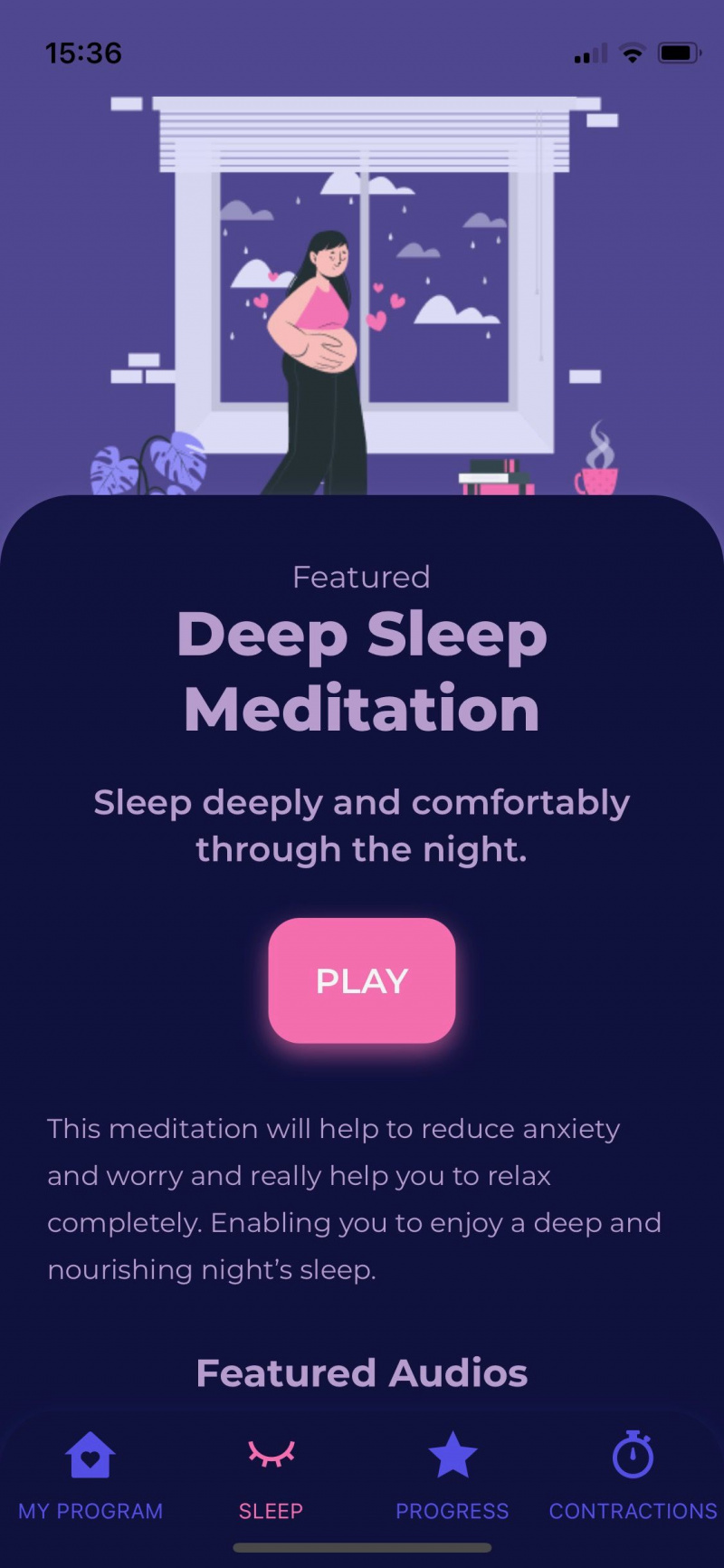   Captura de tela do aplicativo Blessed mostrando a meditação do sono profundo