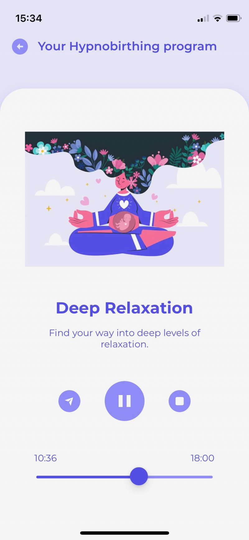   Captura de tela do aplicativo Blessed mostrando a tela de reprodução de meditação