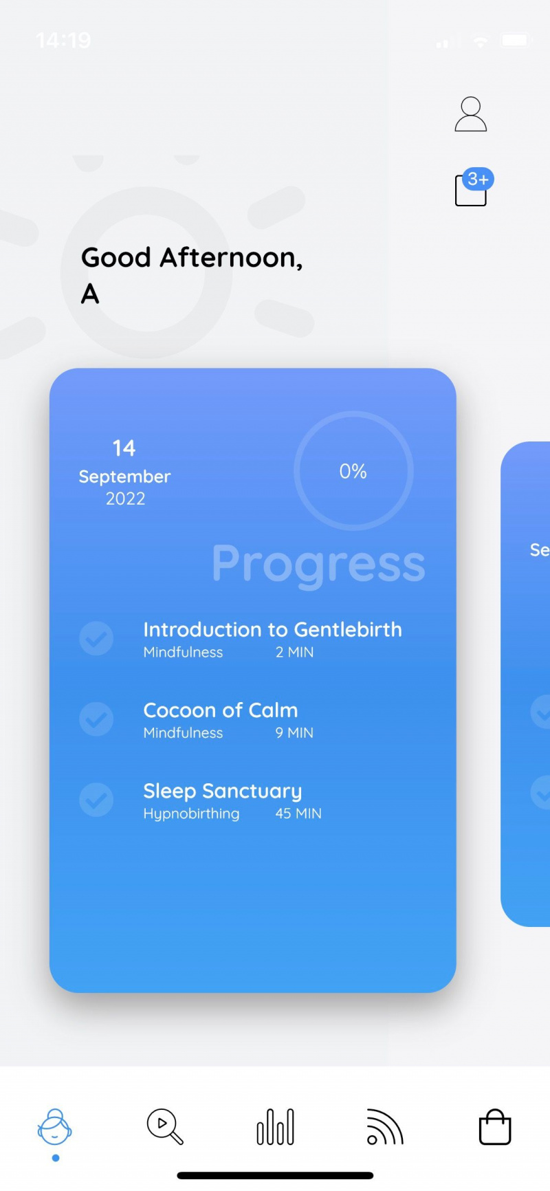   Captura de tela do aplicativo Gentlebirth mostrando a tela de progresso