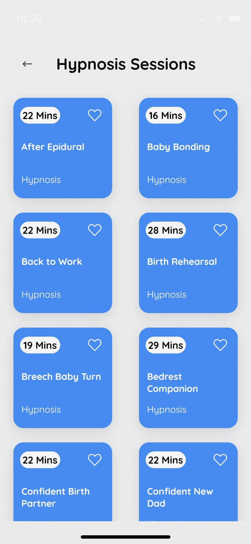   Captura de tela do aplicativo Gentlebirth mostrando sessões de hipnose