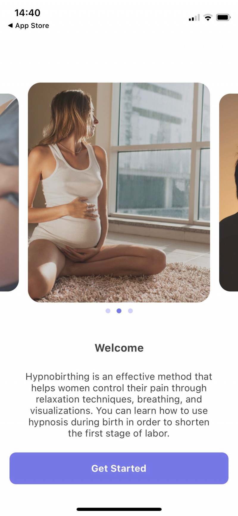   Captura de tela do aplicativo de gravidez Hypnobirth fit mostrando a tela de boas-vindas