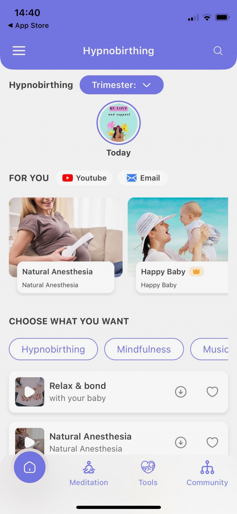   Captura de tela do aplicativo Hypnobirth fit gravidez mostrando a tela inicial