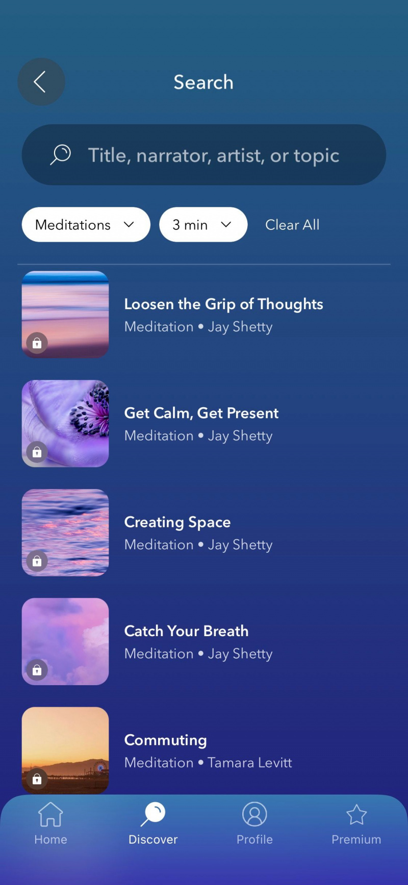   Captura de tela do aplicativo Calm mostrando opções de meditação de 3 minutos