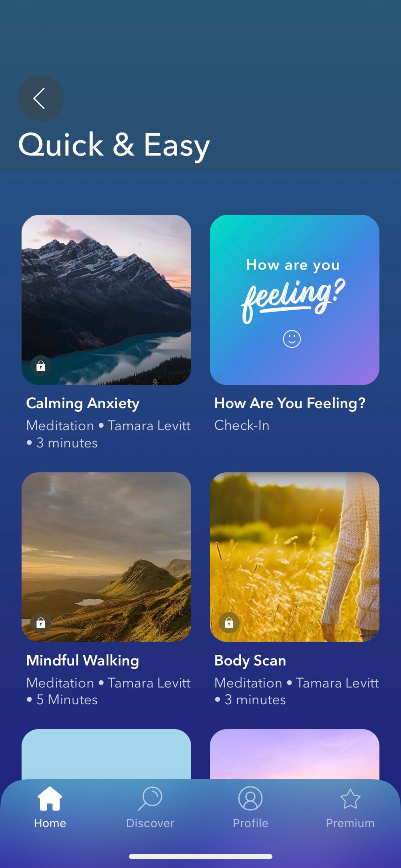   Captura de tela do aplicativo Calm mostrando meditações rápidas e fáceis