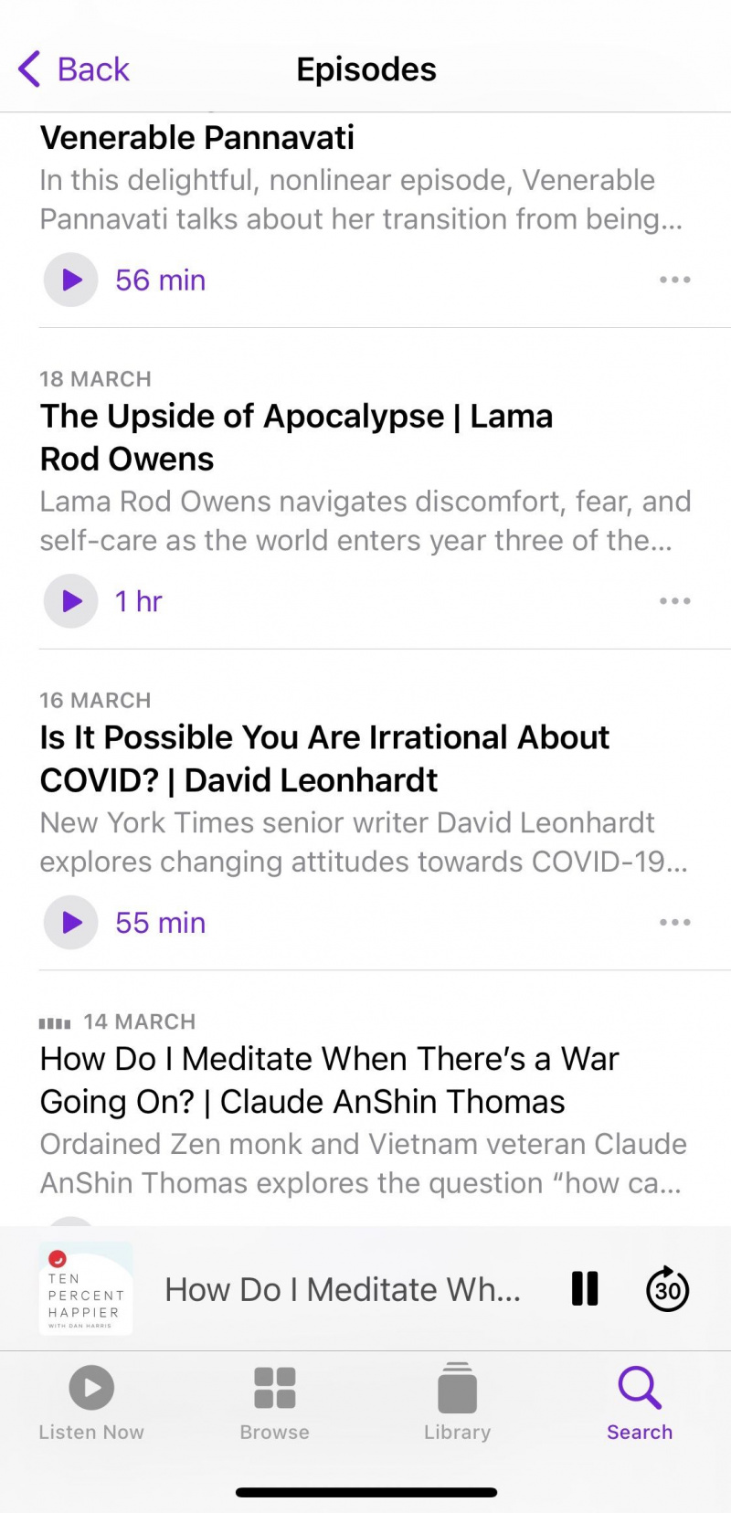   Captura de tela mostrando episódios de amostra do podcast Ten Percent Happier