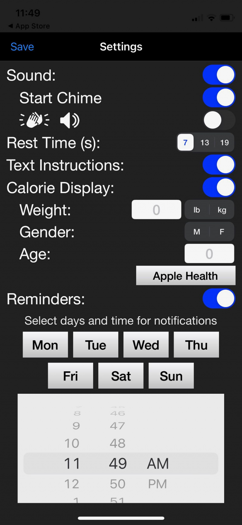   Captura de tela do abdômen diário mostrando as configurações do aplicativo
