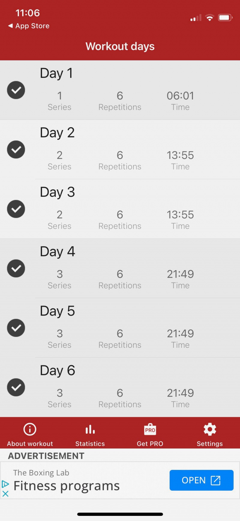   Captura de pantalla de la aplicación A6W que muestra los días de entrenamiento