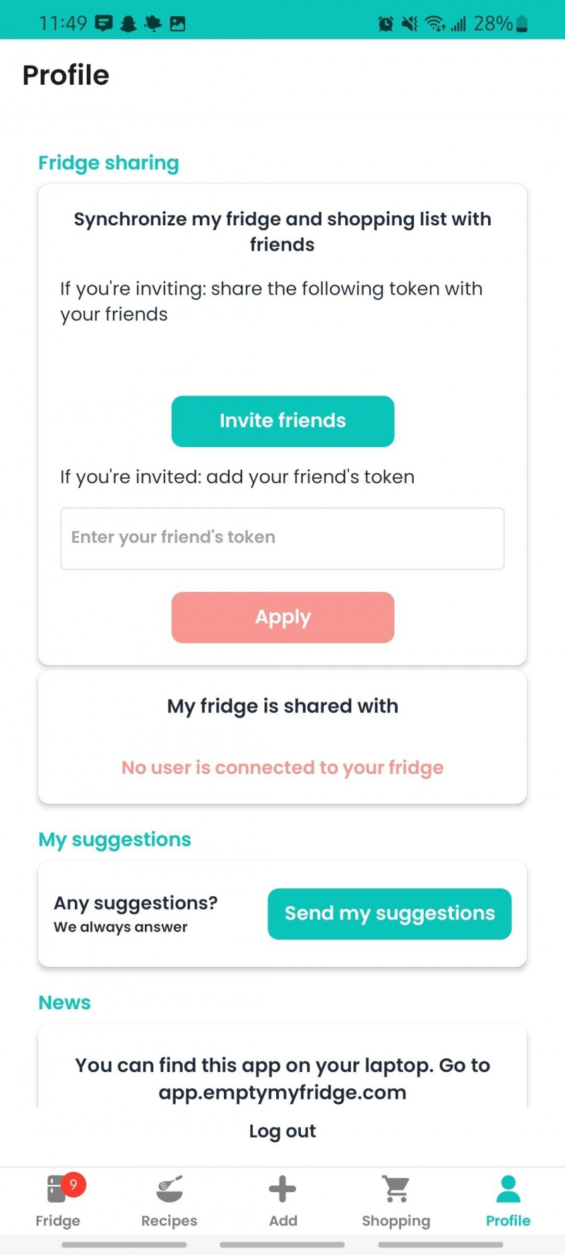   configurações de perfil onde você pode compartilhar sua geladeira e lista de compras com amigos
