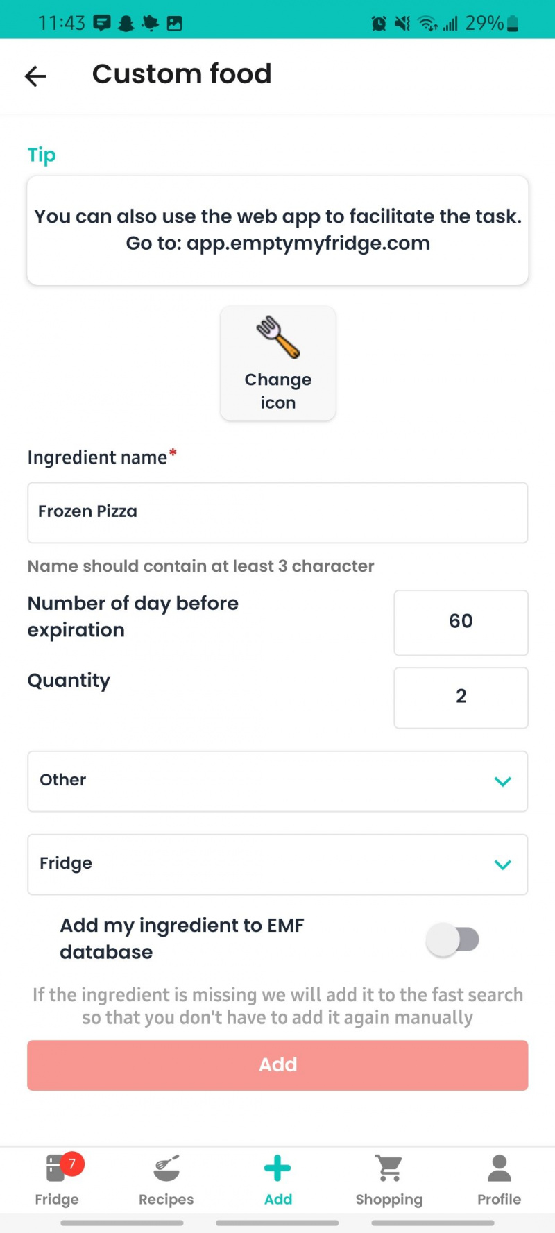   criando uma comida personalizada no aplicativo emptymyfridge