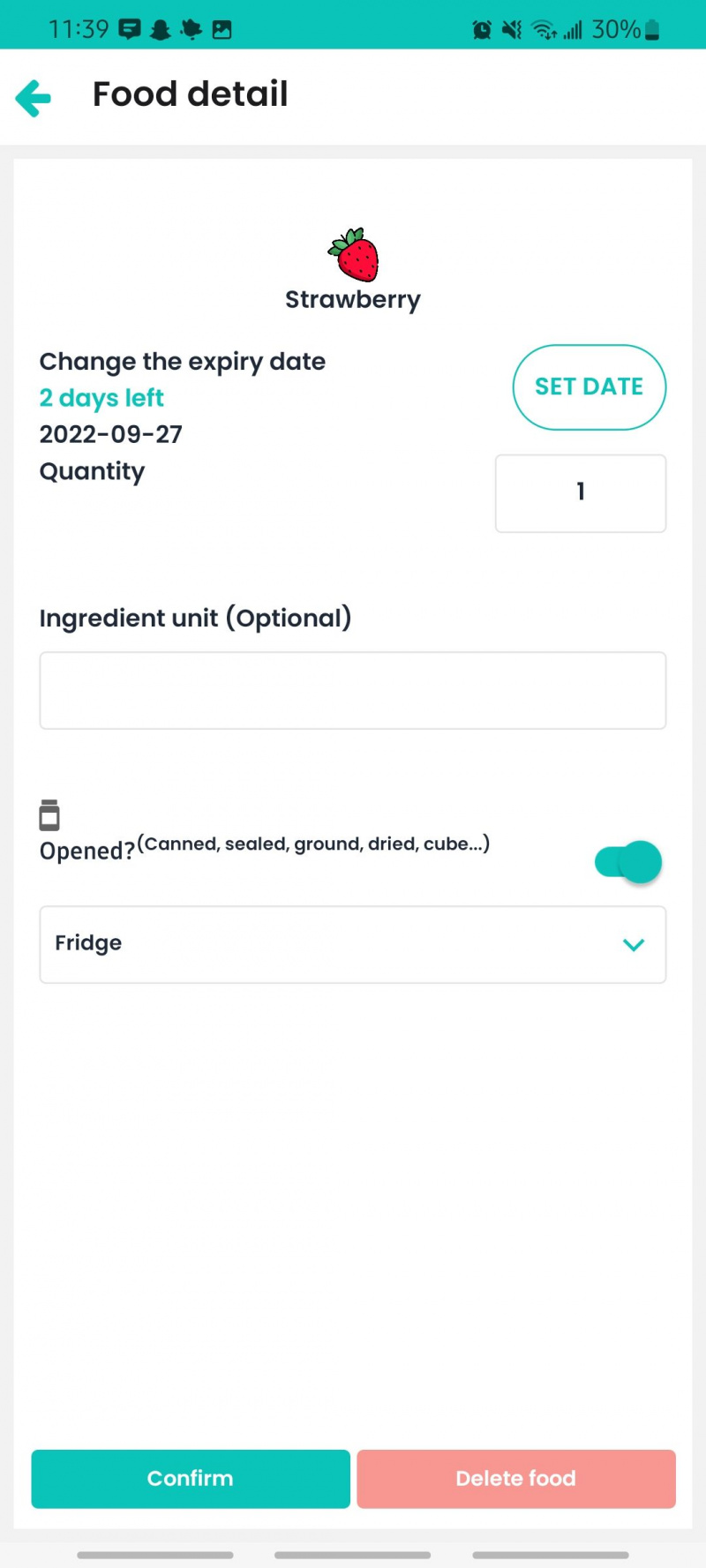   écran montrant que vous pouvez modifier la date de péremption et la quantité d'un ingrédient alimentaire dans l'application emptymyfridge