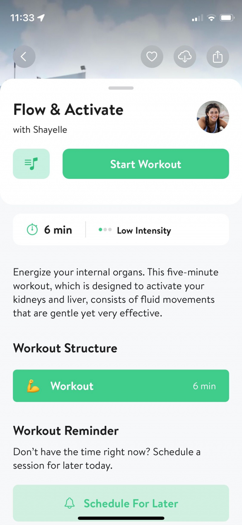   لقطة شاشة لتطبيق Asana Rebel تعرض نموذجًا لبنية التمرين