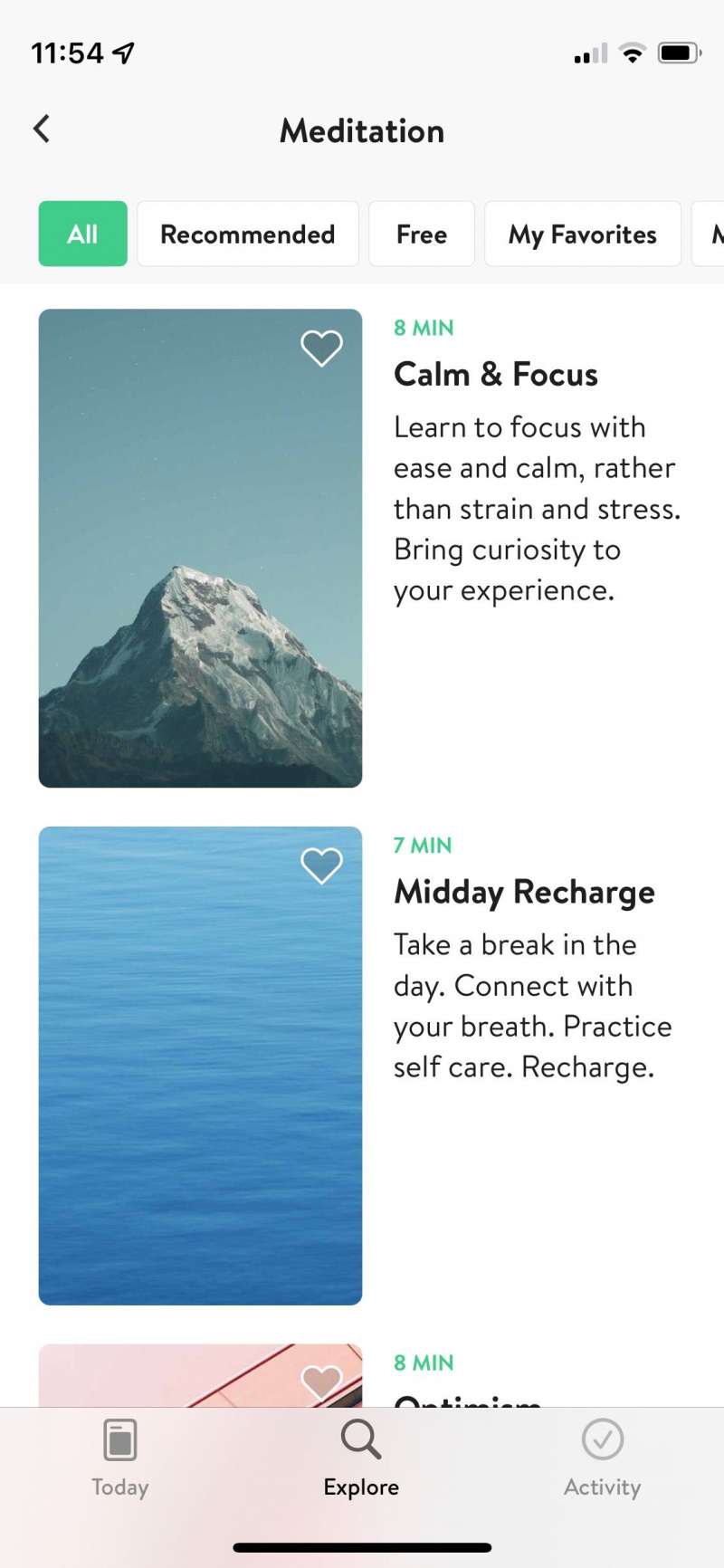   Captură de ecran a aplicației Asana Rebel care arată ecranul de selecție a meditației