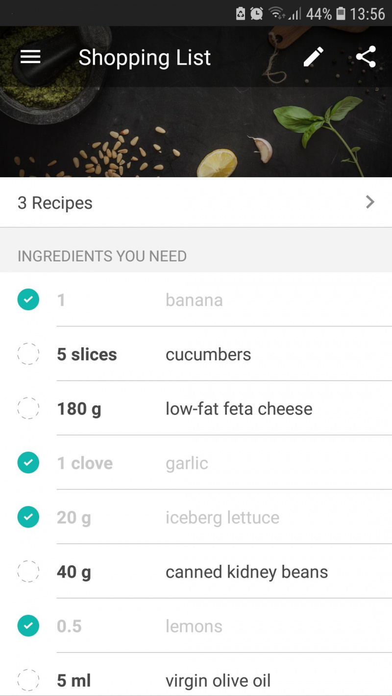   Freeletics Nutrition 모바일 건강 앱 식료품 목록