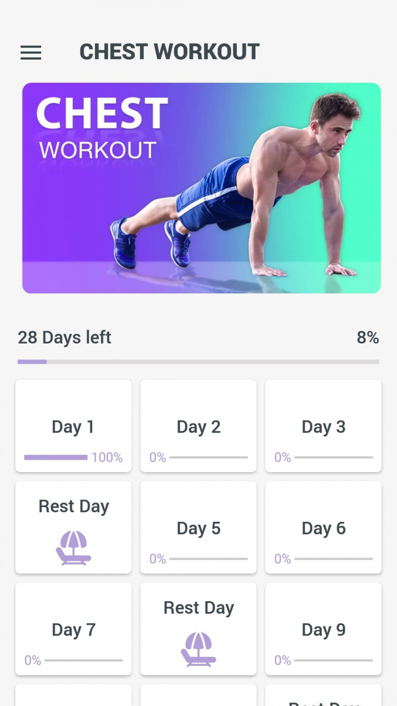   Aplicativo de fitness móvel para treino de peito de 30 dias