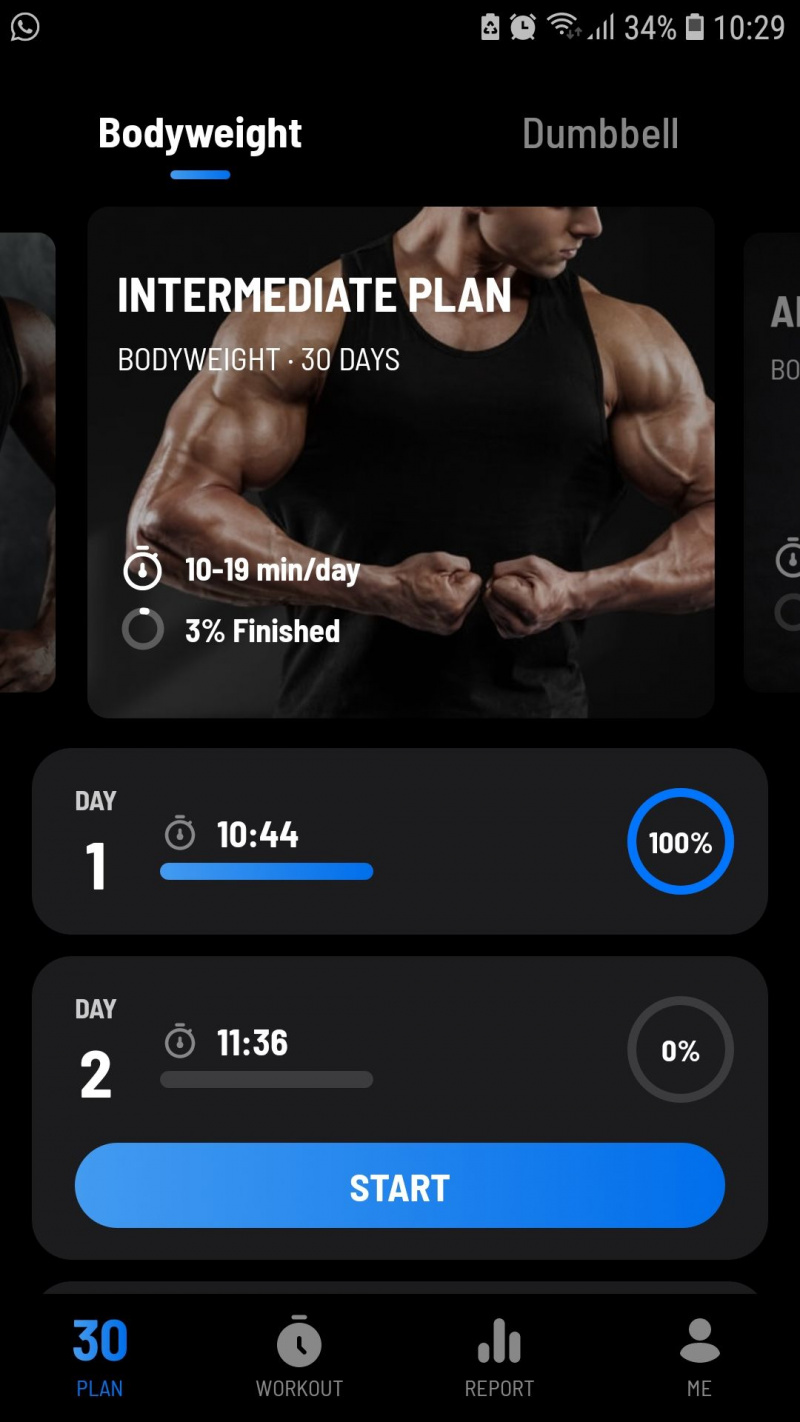  Plano de peso corporal do aplicativo de fitness móvel Arm Workout