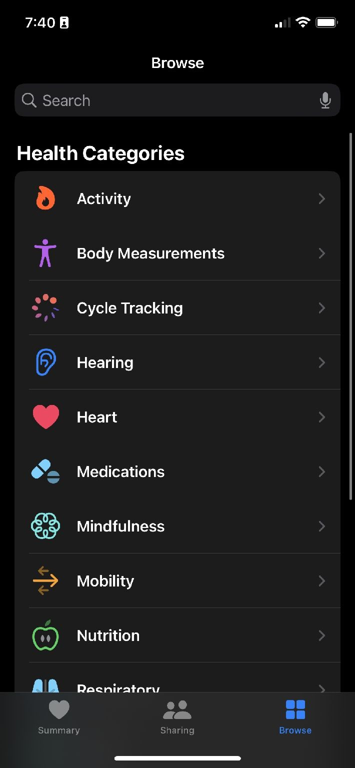   Seção de navegação do aplicativo de saúde para iPhone