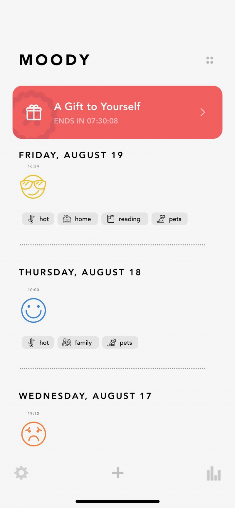   Snimka zaslona aplikacije Moody koja prikazuje praćenje raspoloženja