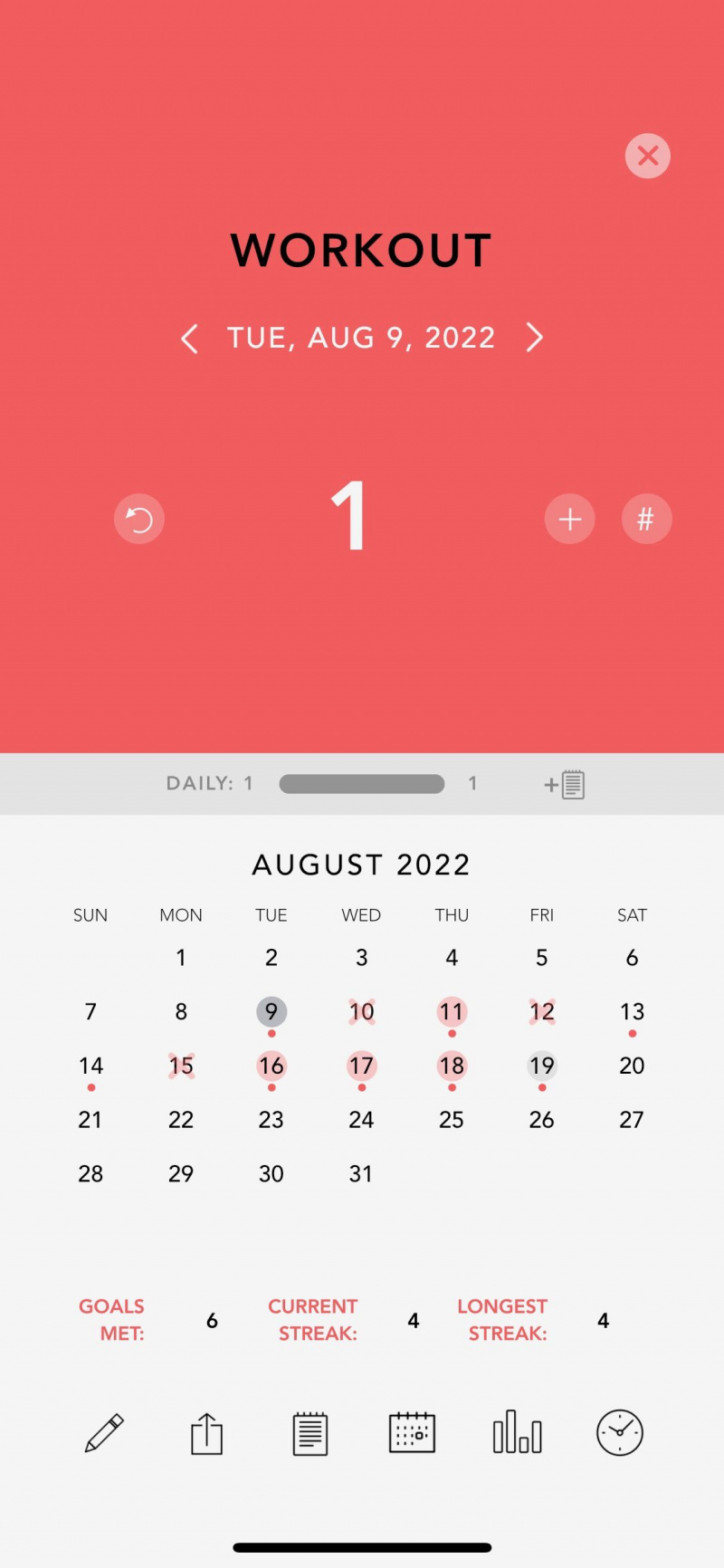   Snimka zaslona aplikacije Gotovo koja prikazuje uzorak zaslona za praćenje navika