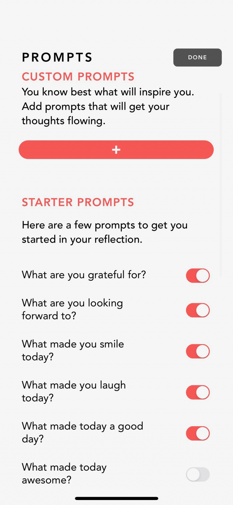   Skärmdump av Grateful-appen som visar skärmen för startmeddelanden