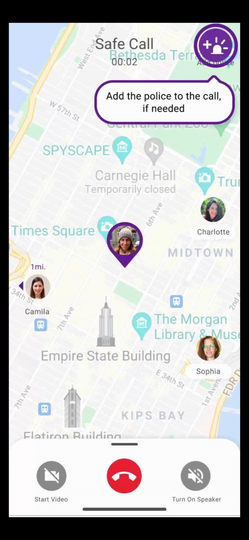   „SafeUP“ programos ekrano kopija, kurioje rodoma galimybė prie saugaus skambučio pridėti policiją