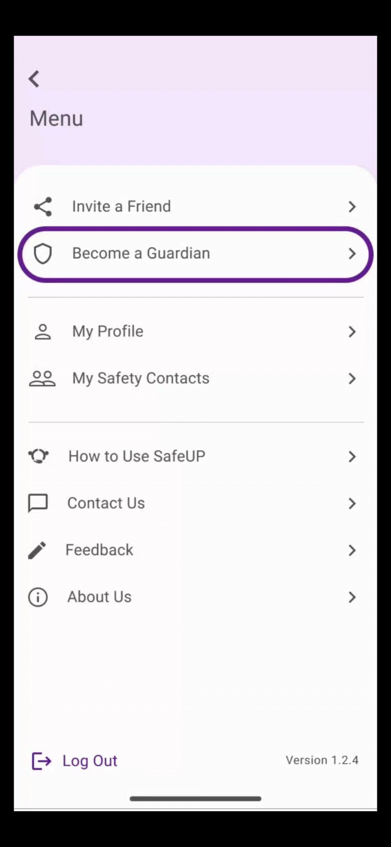   Captura de pantalla de la aplicación SafeUP que muestra la opción de menú para convertirse en tutor