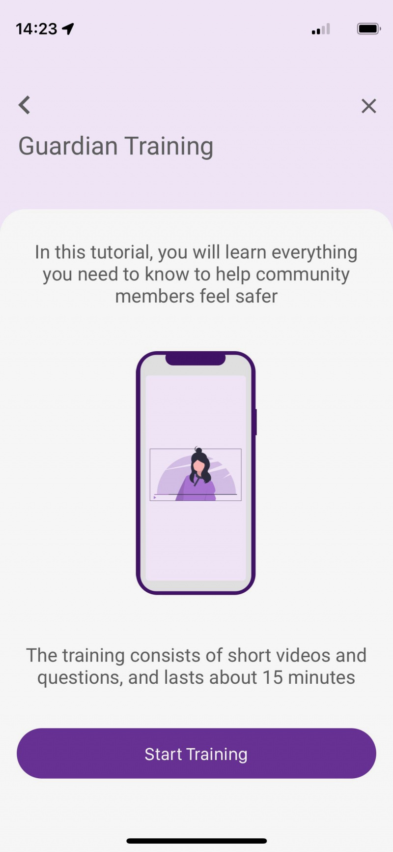   Captura de pantalla de la aplicación SafeUP que muestra una introducción a la formación de guardianes