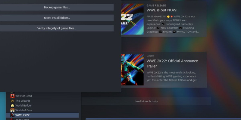  captura de tela do wwe 2k22 verificando arquivos do jogo no steam