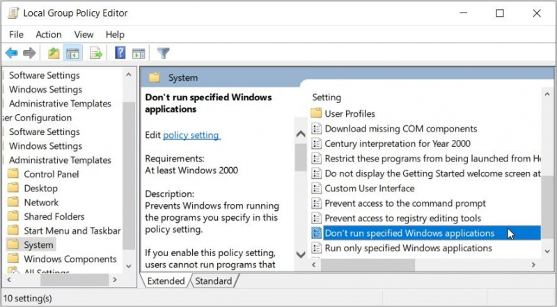   Ein Doppelklick auf die „Don't run specified Windows applications” option in the LGPE